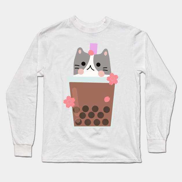 Cat Boba Tea Long Sleeve T-Shirt by Miri Art